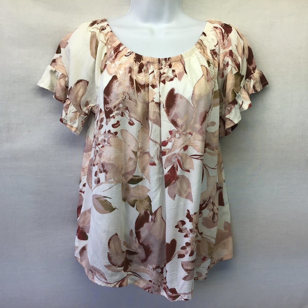 Knox Rose Women Tunic Top Pink Beige Floral Print SS Popover Peasant Top NWT Sm